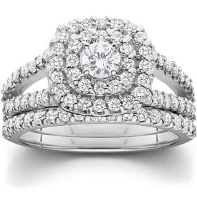 1 1/10ct Cushion Halo Diamond Engagement Wedding Ring Set 10K White Gold