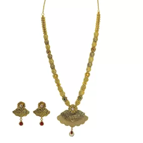 22K Yellow Gold Necklace & Earrings Set W/ Ruby, Emerald, CZ & Large Fan Pendants