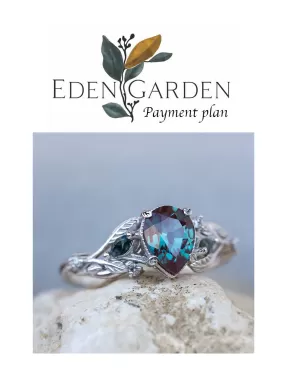 3 instalments payment plan | Alexandrite and accent moss agates engagement ring, gold branch ring with salt and pepper diamonds / Patricia