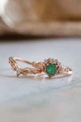 READY TO SHIP: Ariadne set in 14K rose gold, 5 mm round cut natural emerald, moissanites, RING SIZE - 6.75 US