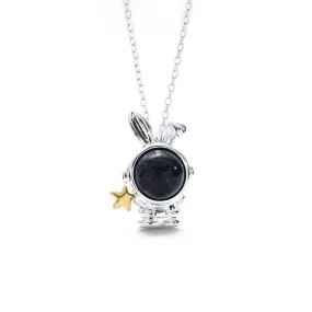 Sterling Silver Blue Sandstone Astronauts Moon and Star Pendant Necklace